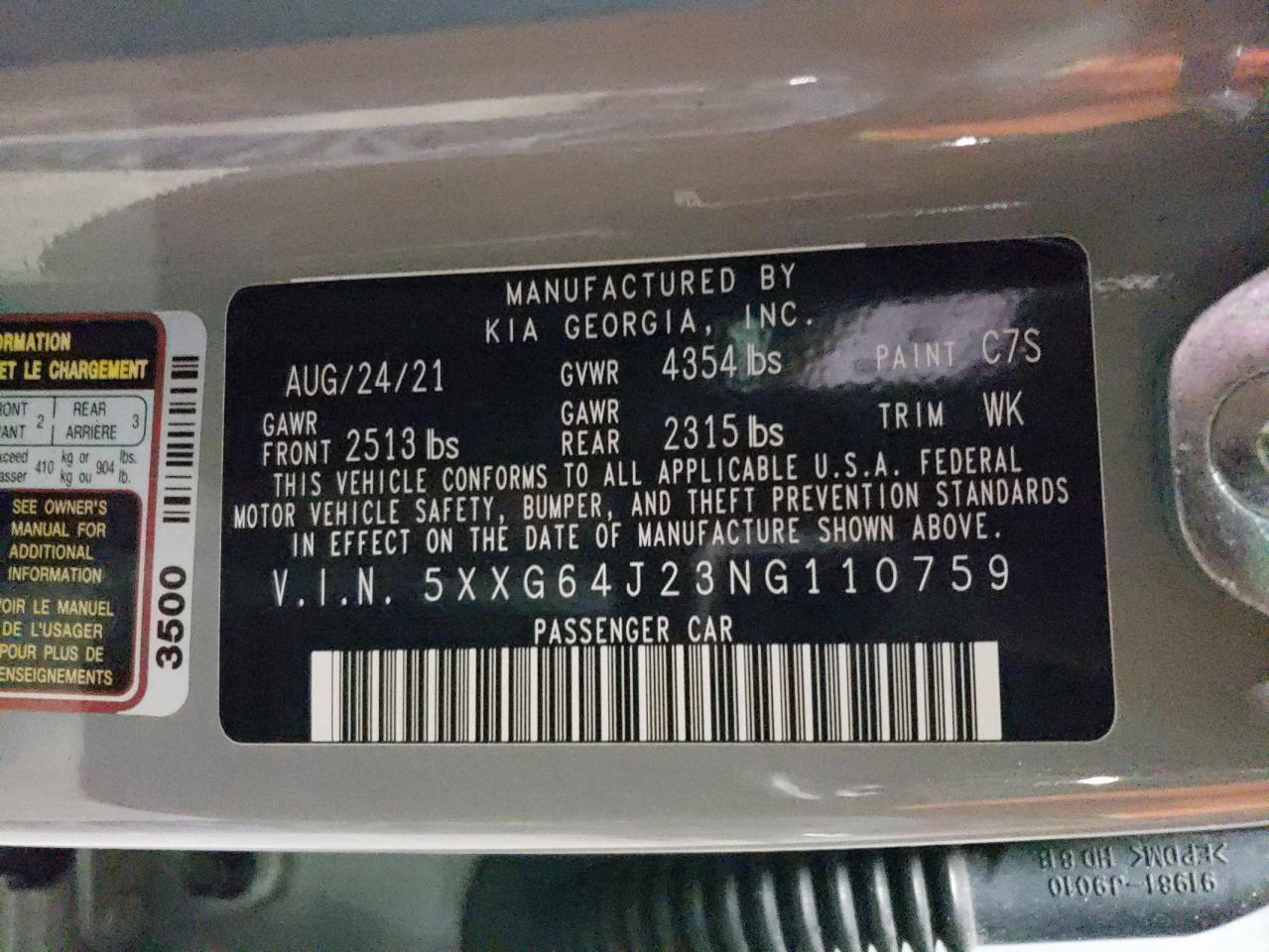 2022 KIA K5 GT LINE VIN:5XXG64J23NG110759