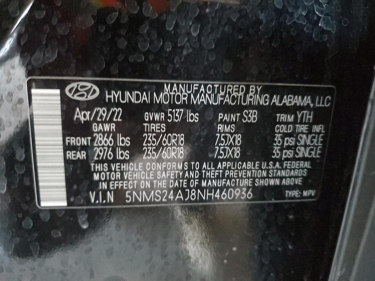 2022 HYUNDAI SANTA FE SEL VIN:5NMS24AJ8NH460936