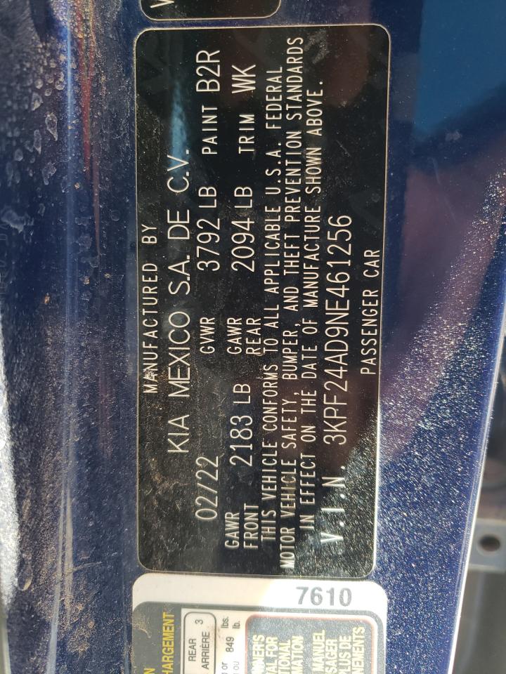2022 KIA FORTE FE VIN:3KPF24AD9NE461256