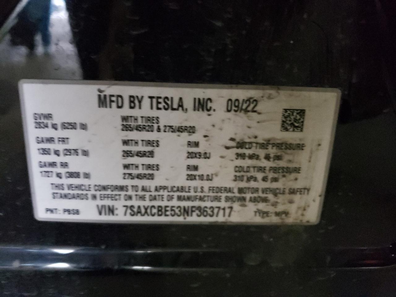 2022 TESLA MODEL X  VIN:7SAXCBE53NF363717