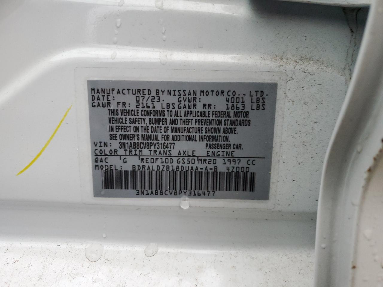 2023 NISSAN SENTRA SV VIN:3N1AB8CV8PY316477