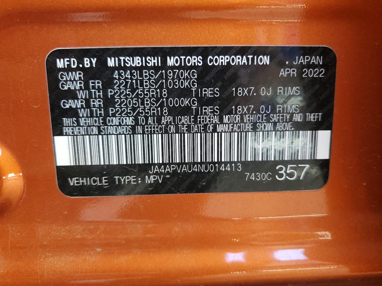 2022 MITSUBISHI OUTLANDER SPORT SE VIN:JA4APVAU4NU014413