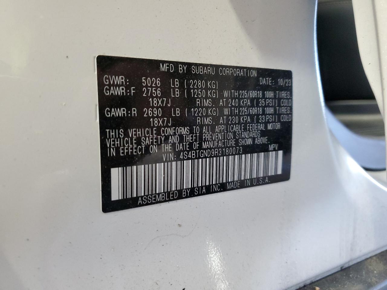 2024 SUBARU OUTBACK LIMITED XT VIN:4S4BTGND9R3180073