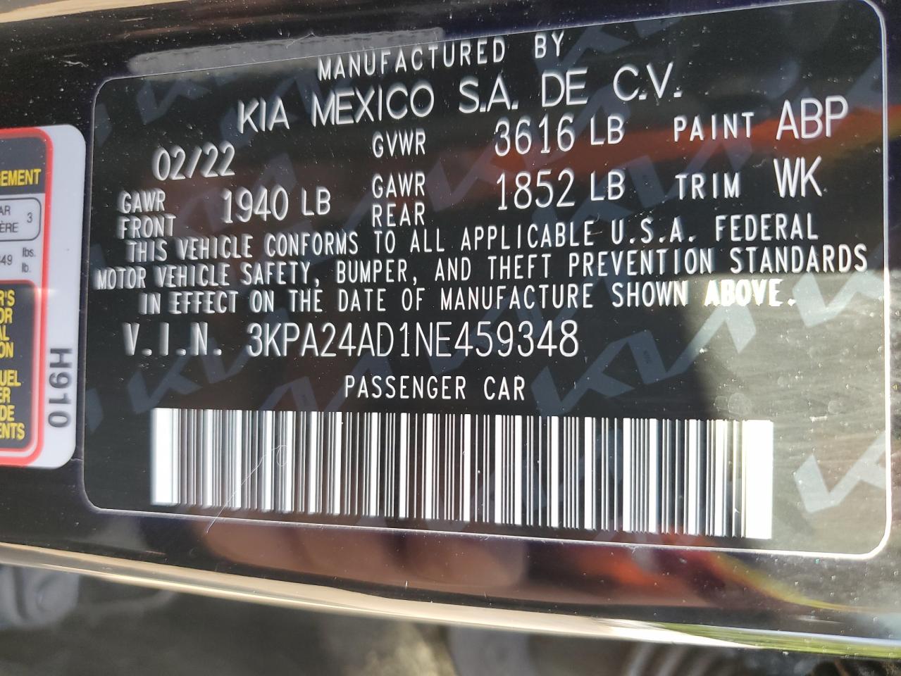 2022 KIA RIO LX VIN:3KPA24AD1NE459348