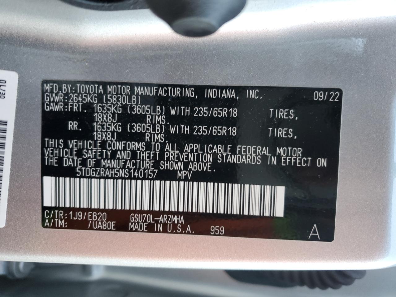 2022 TOYOTA HIGHLANDER XLE VIN:5TDGZRAH5NS140157