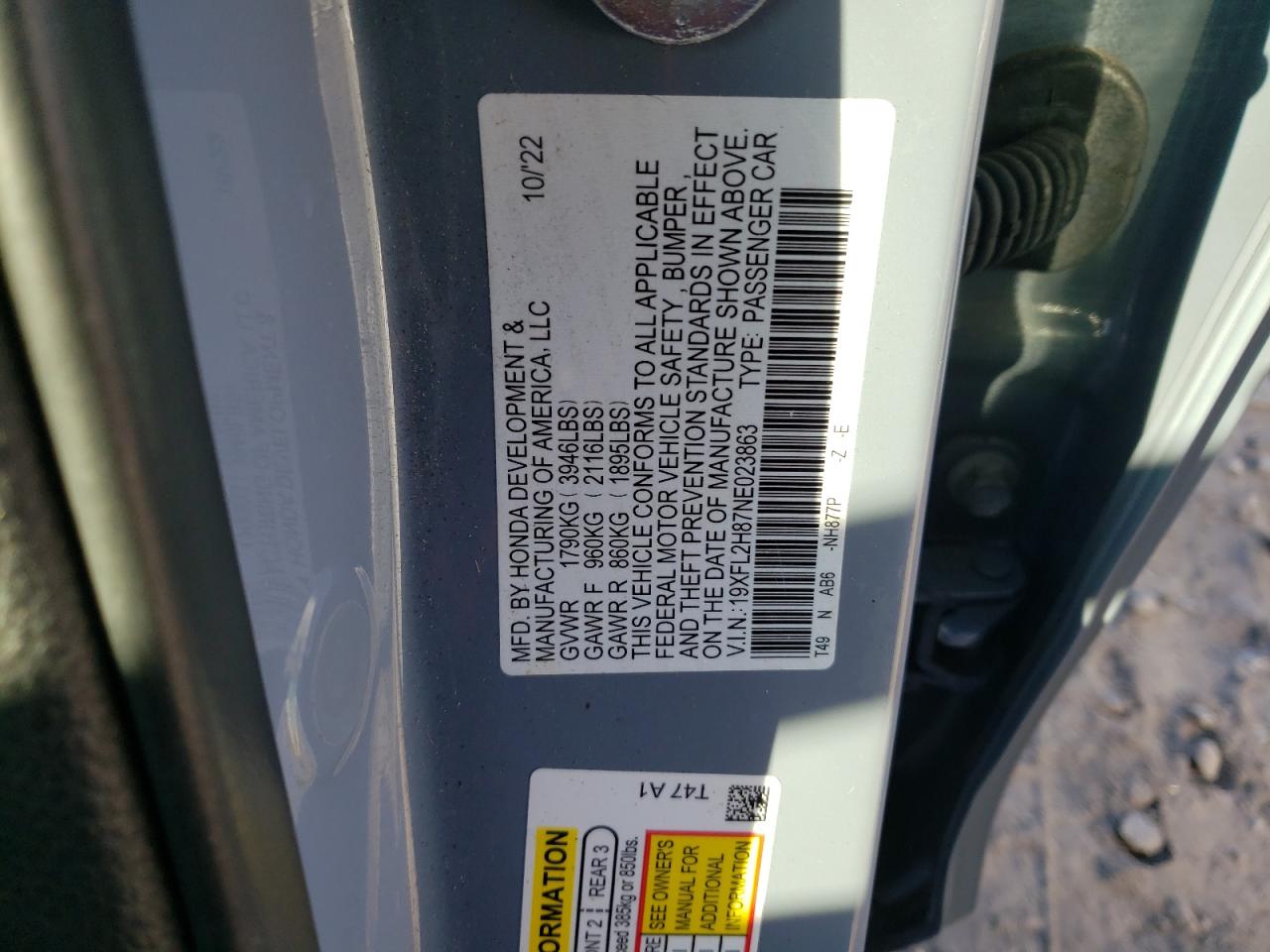 2022 HONDA CIVIC SPORT VIN:19XFL2H87NE023863