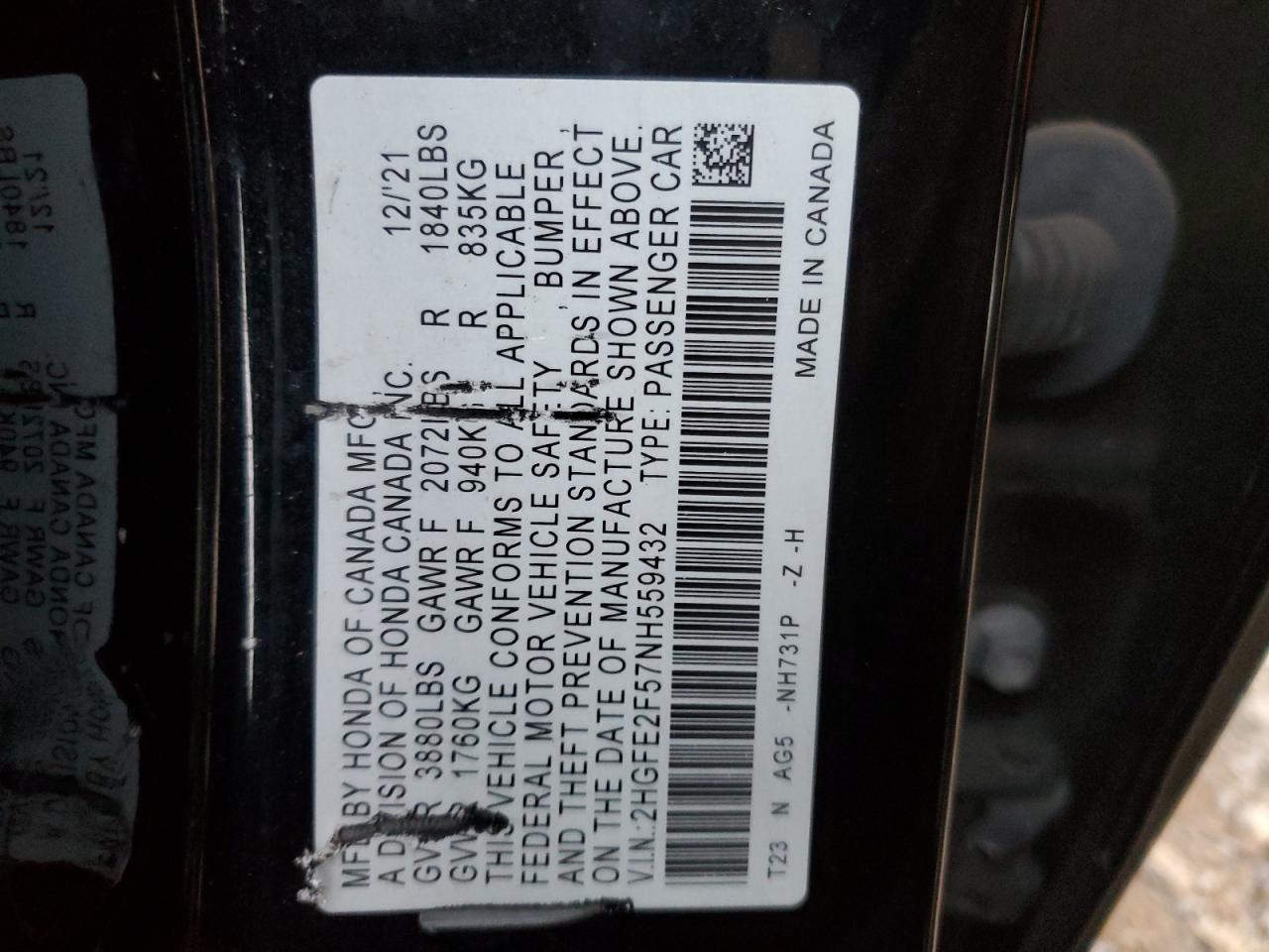 2022 HONDA CIVIC SPORT VIN:2HGFE2F57NH559432