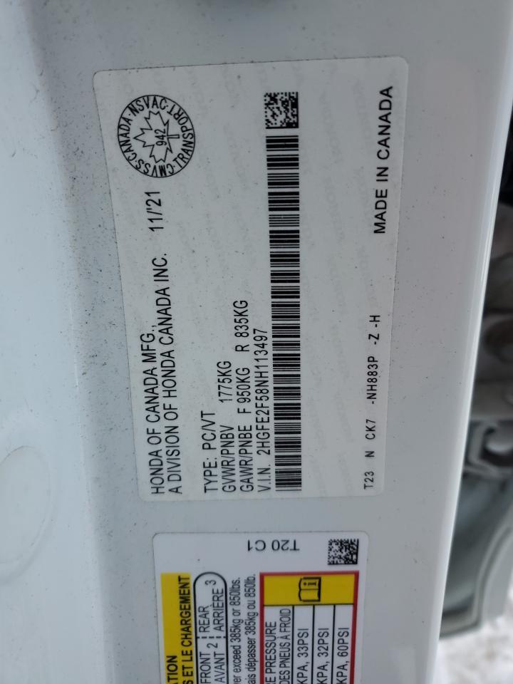 2022 HONDA CIVIC SPORT VIN:2HGFE2F58NH113497