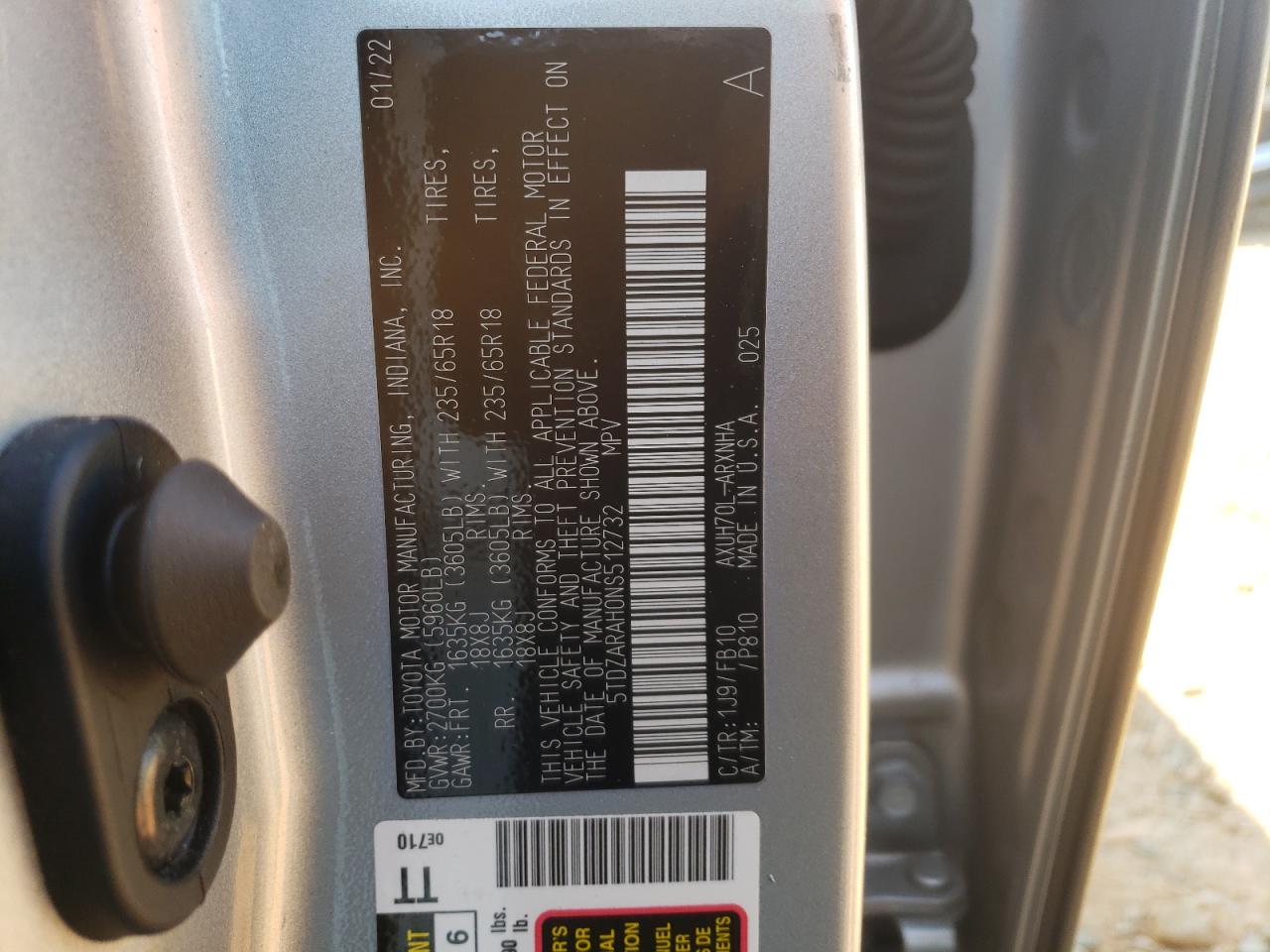 2022 TOYOTA HIGHLANDER HYBRID LE VIN:5TDZARAH0NS512732