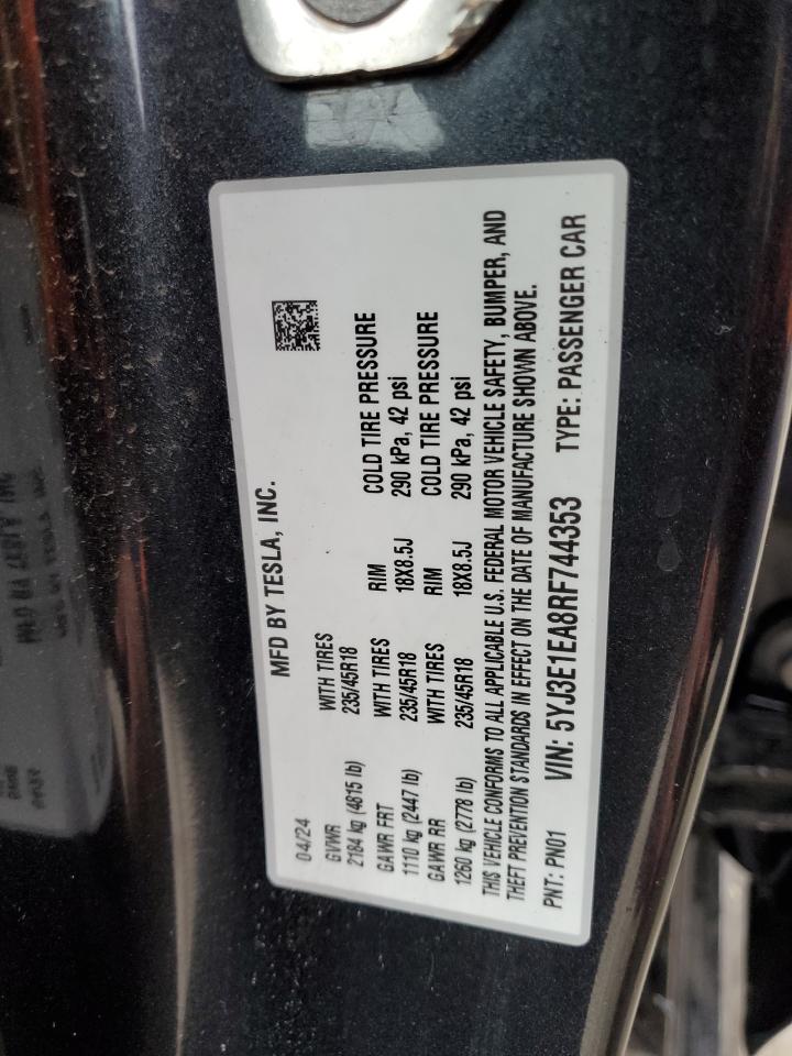 2024 TESLA MODEL 3  VIN:5YJ3E1EA8RF744353