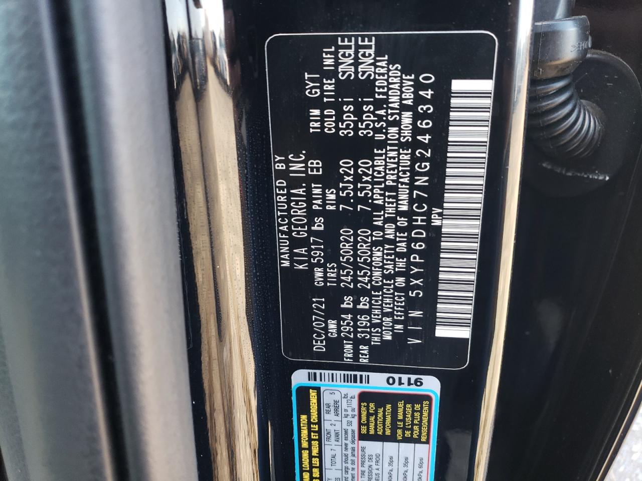 2022 KIA TELLURIDE S VIN:5XYP6DHC7NG246340