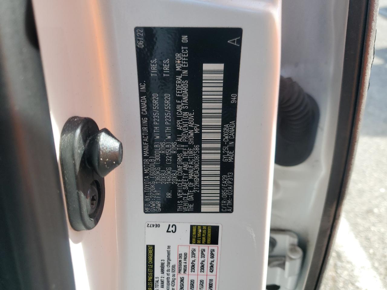 2022 LEXUS RX 450H VIN:2T2HGMDA3NC087586