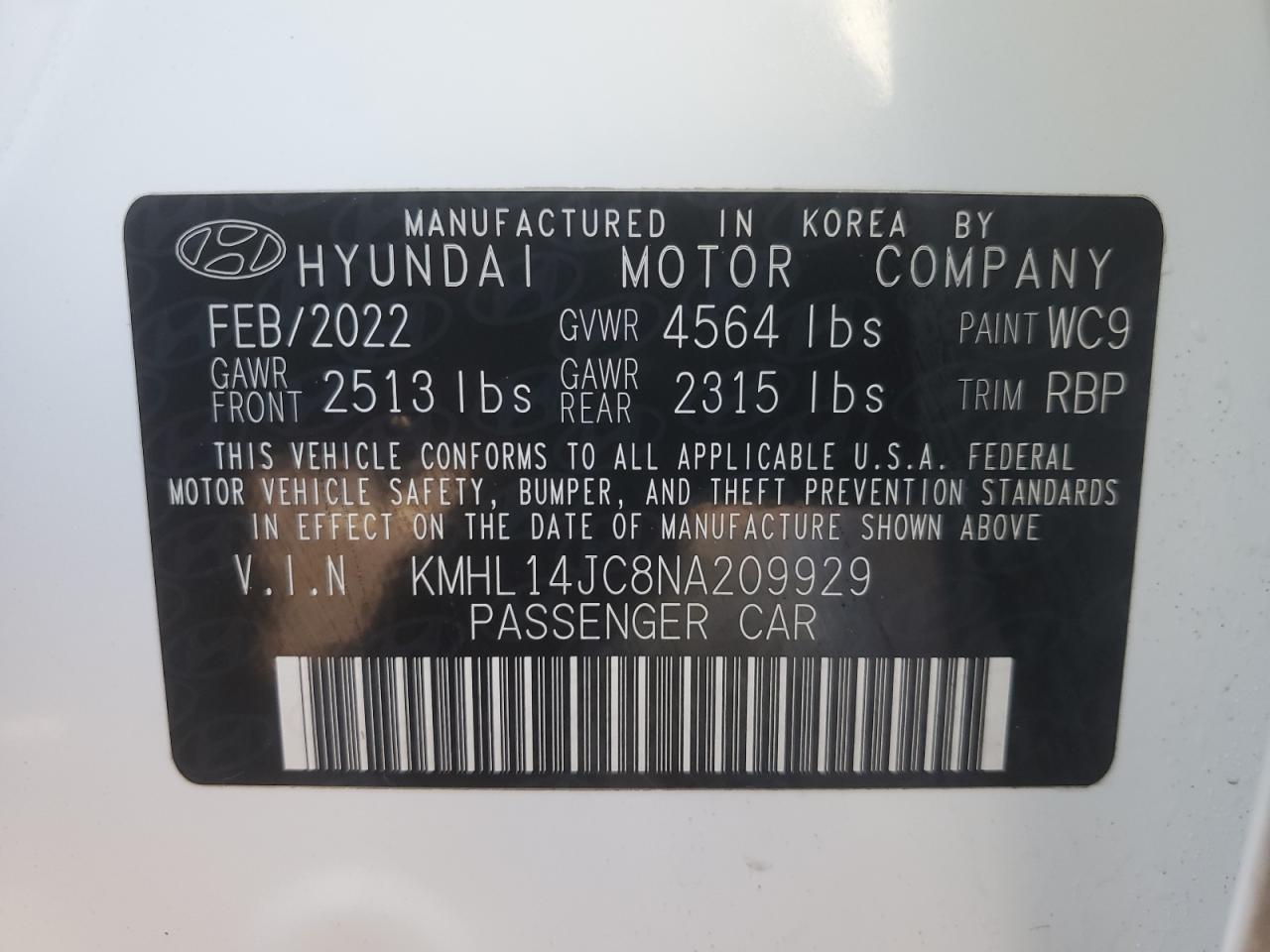 2022 HYUNDAI SONATA N LINE VIN:KMHL14JC8NA209929