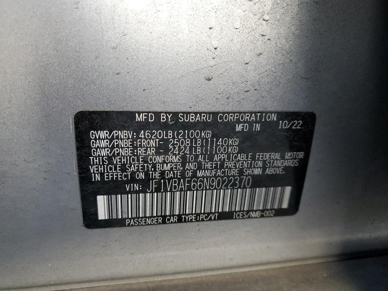 2022 SUBARU WRX PREMIUM VIN:JF1VBAF66N9022370