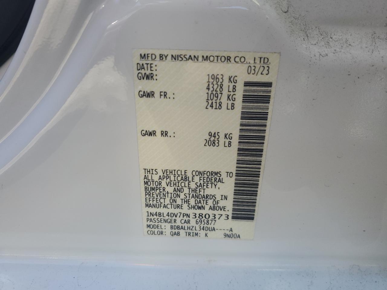 2023 NISSAN ALTIMA SV VIN:1N4BL4DV7PN380373