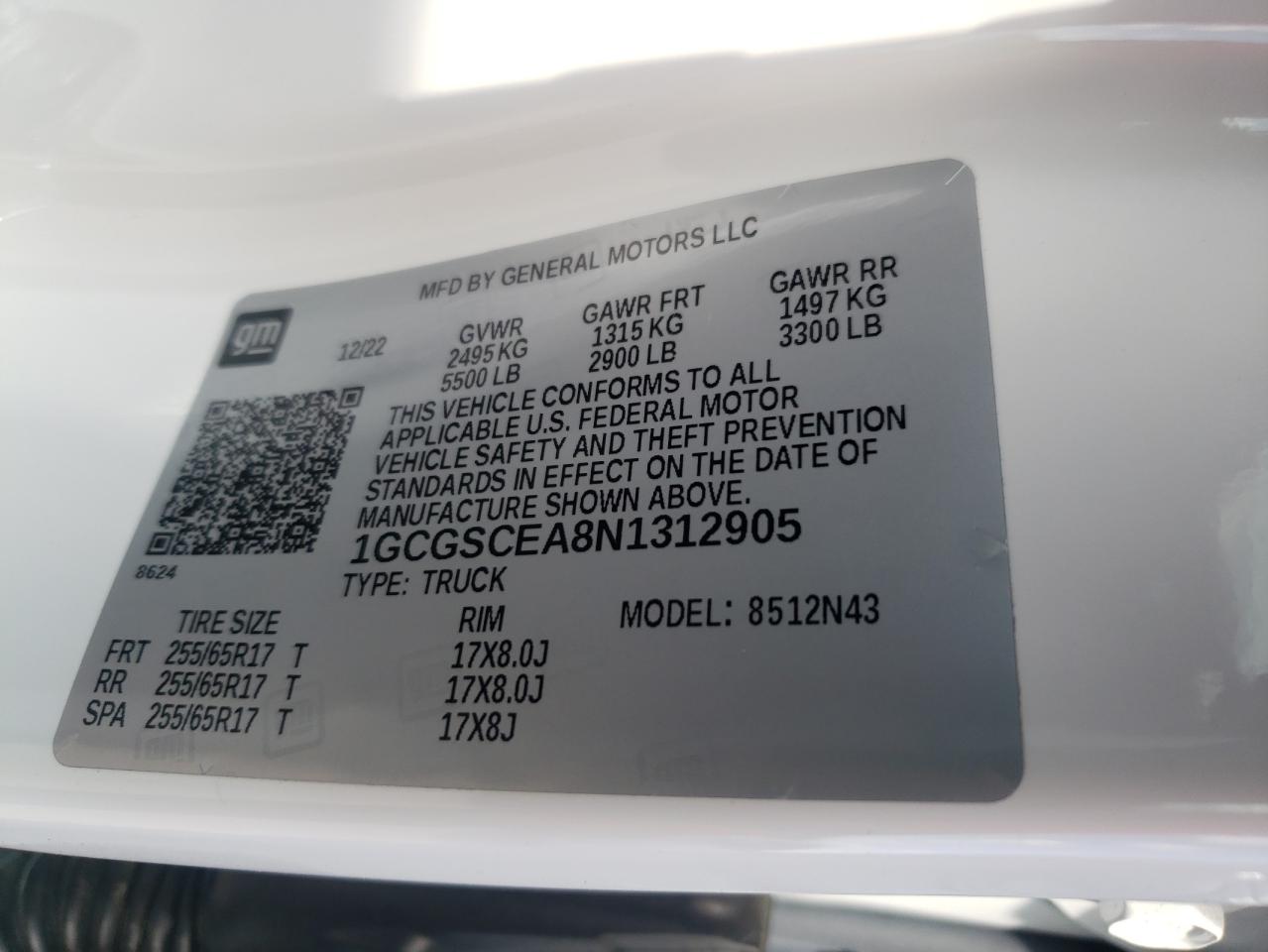 2022 CHEVROLET COLORADO LT VIN:1GCGSCEA8N1312905