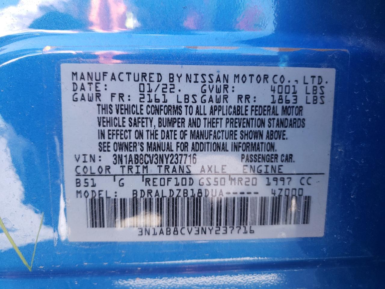 2022 NISSAN SENTRA SV VIN:3N1AB8CV3NY237716