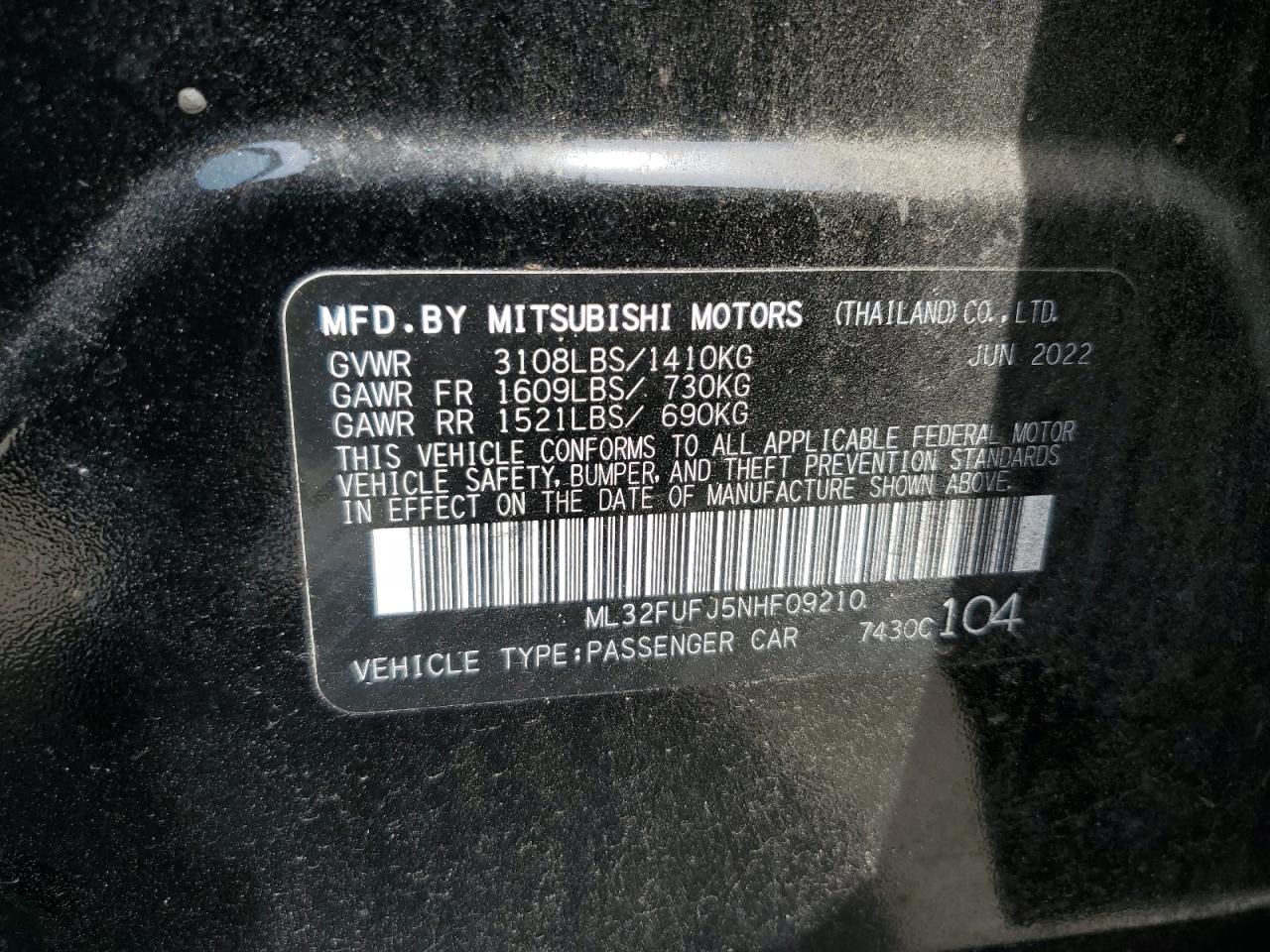 2022 MITSUBISHI MIRAGE G4 ES VIN:ML32FUFJ5NHF09210