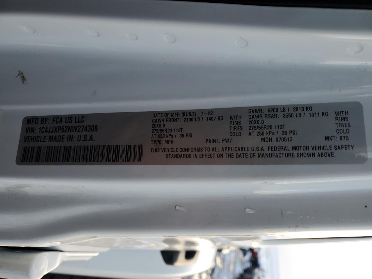 2022 JEEP WRANGLER UNLIMITED SAHARA 4XE VIN:1C4JJXP62NW274308