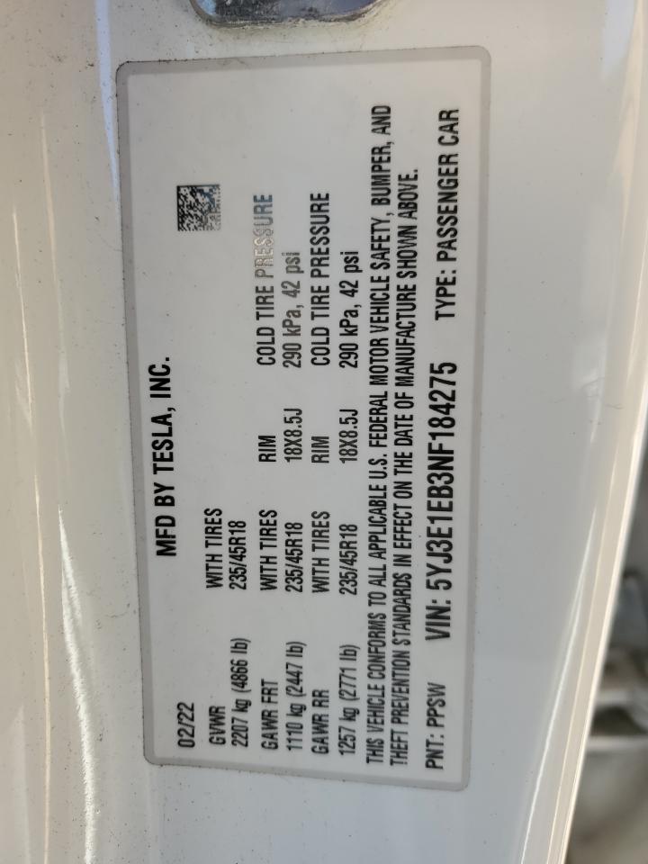 2022 TESLA MODEL 3  VIN:5YJ3E1EB3NF184275