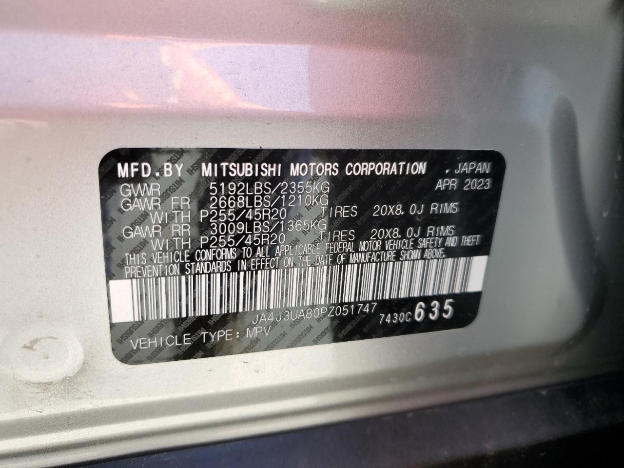 2023 MITSUBISHI OUTLANDER SE VIN:JA4J3UA80PZ051747