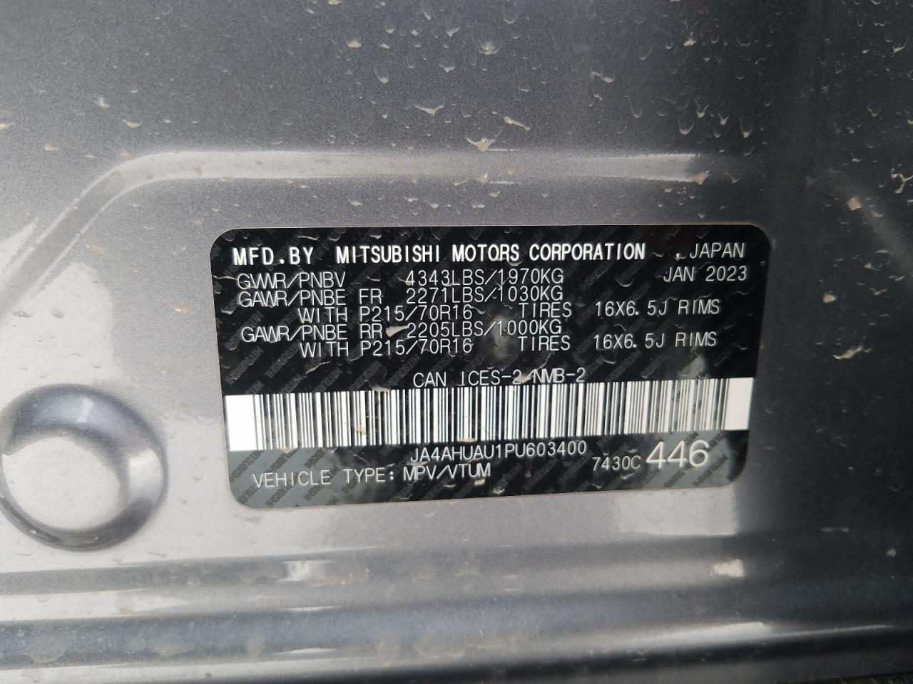 2023 MITSUBISHI RVR ES VIN:JA4AHUAU1PU603400