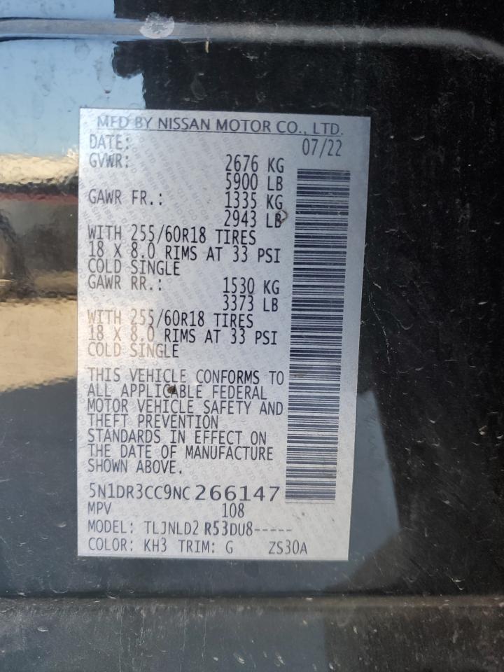 2022 NISSAN PATHFINDER SL VIN:5N1DR3CC9NC266147