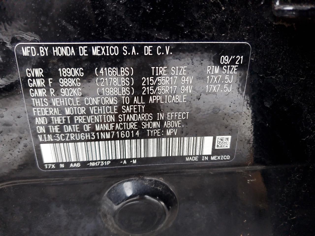 2022 HONDA HR-V LX VIN:3CZRU6H31NM716014