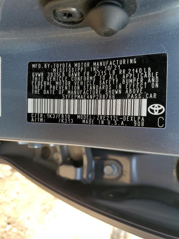 2022 TOYOTA COROLLA LE VIN:5YFEPMAE4NP288766