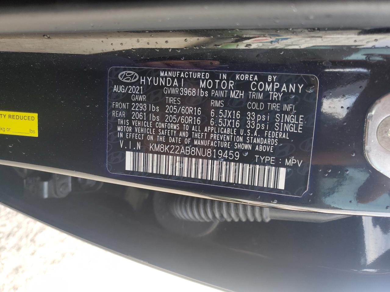 2022 HYUNDAI KONA SEL VIN:KM8K22AB8NU819459