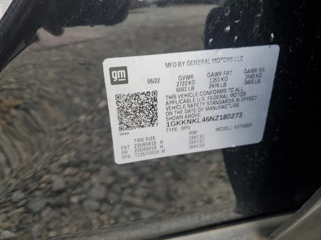 2022 GMC ACADIA SLE VIN:1GKKNKL46NZ180273