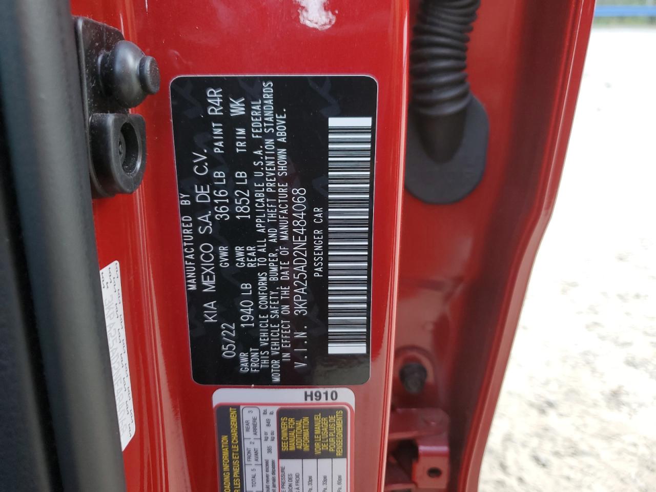 2022 KIA RIO S VIN:3KPA25AD2NE484068