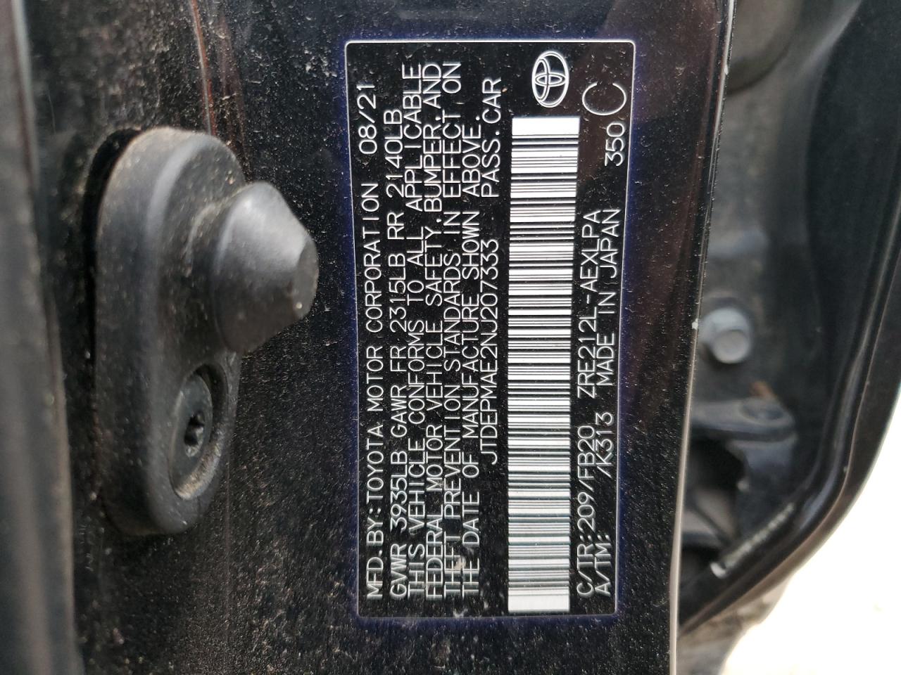 2022 TOYOTA COROLLA LE VIN:JTDEPMAE2NJ207333