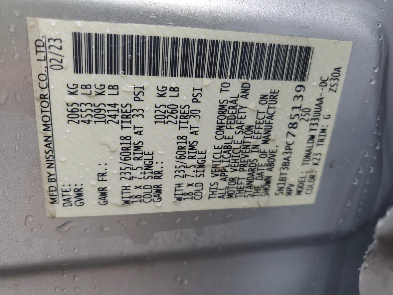 2023 NISSAN ROGUE SV VIN:5N1BT3BA3PC785139