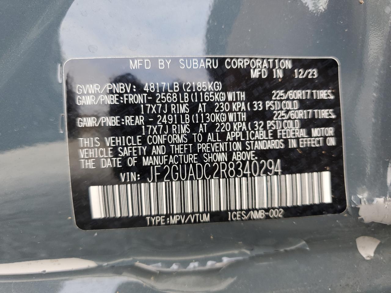 2024 SUBARU CROSSTREK PREMIUM VIN:JF2GUADC2R8340294