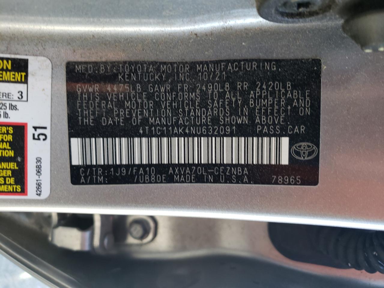 2022 TOYOTA CAMRY LE VIN:4T1C11AK4NU632091