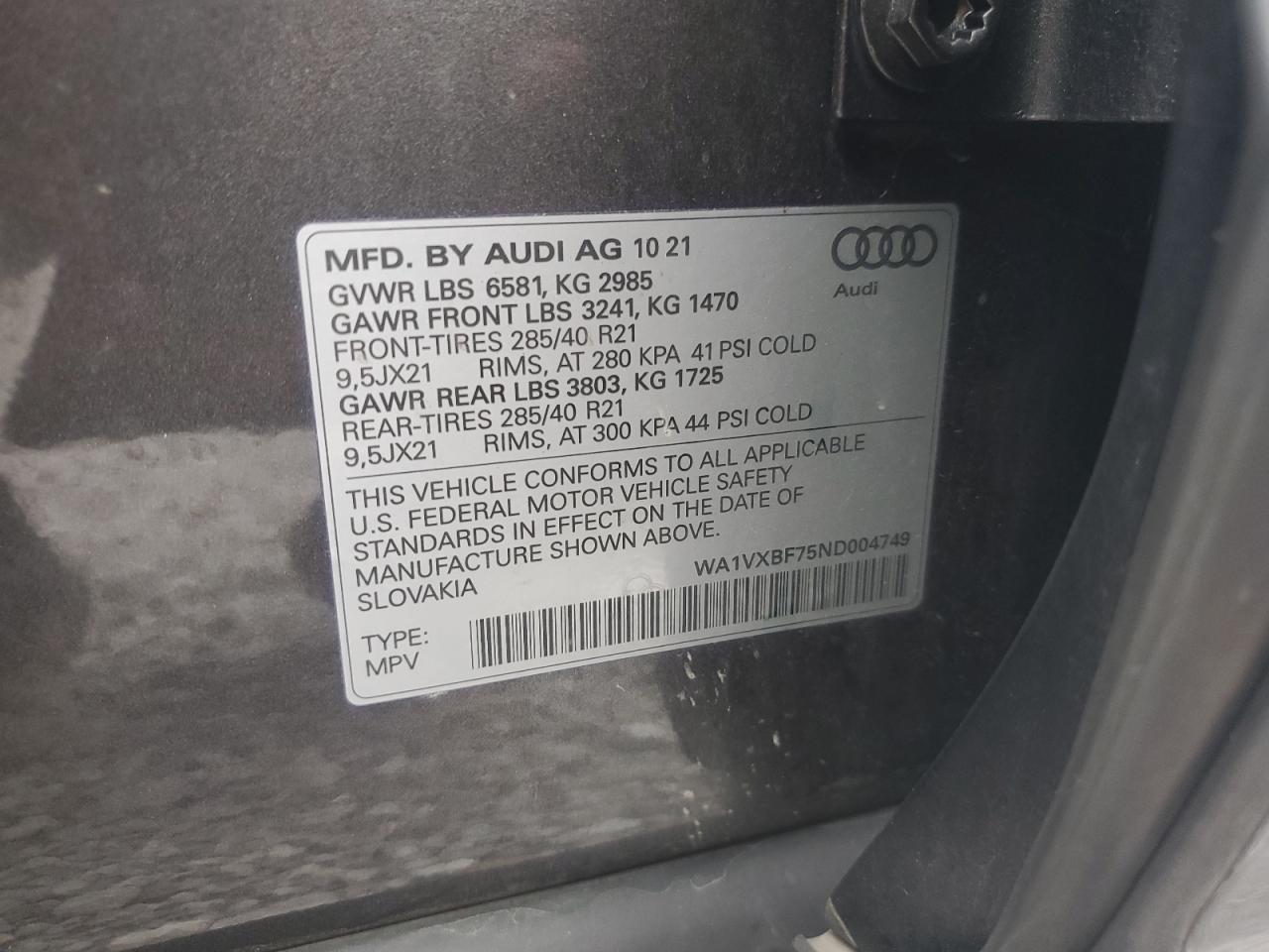 2022 AUDI Q7 PRESTIGE VIN:WA1VXBF75ND004749