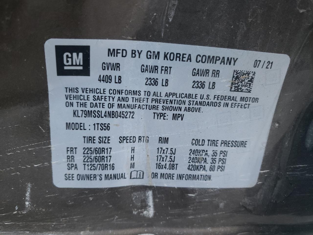 2022 CHEVROLET TRAILBLAZER ACTIV VIN:KL79MSSL4NB045272