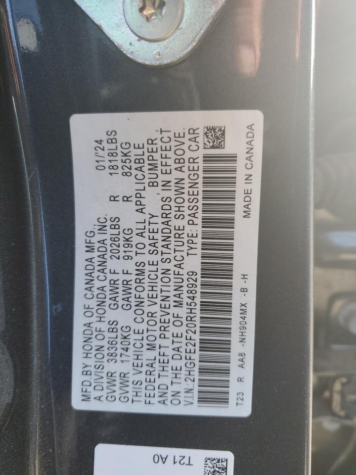 2024 HONDA CIVIC LX VIN:2HGFE2F20RH548929
