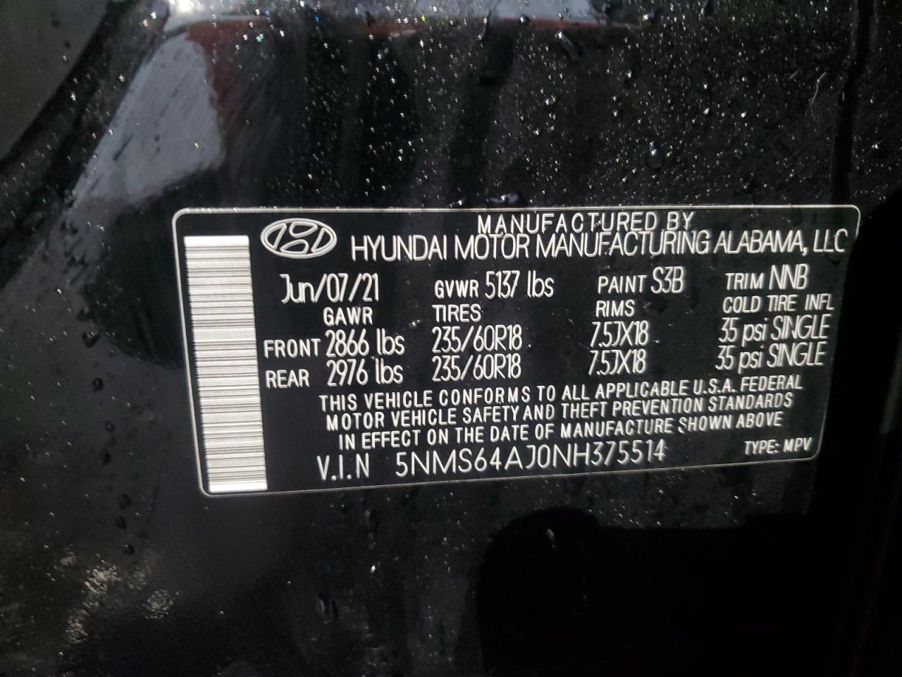 2022 HYUNDAI SANTA FE SEL VIN:5J6RM4H90FL058391