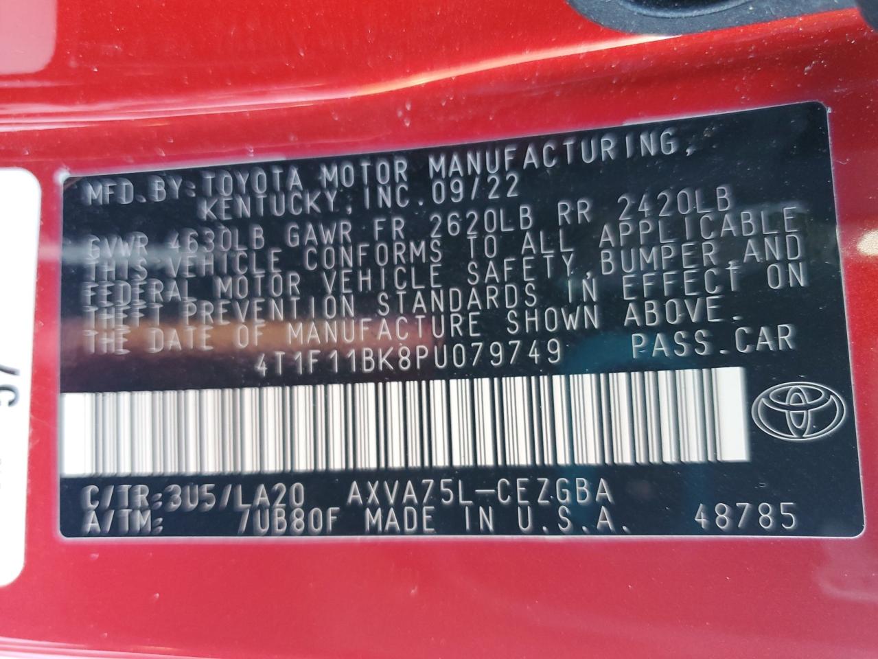 2023 TOYOTA CAMRY XLE VIN:4T1F11BK8PU079749