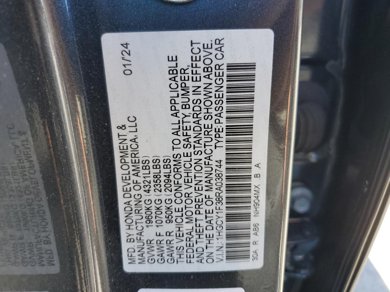 2024 HONDA ACCORD EX VIN:1HGCY1F38RA038744