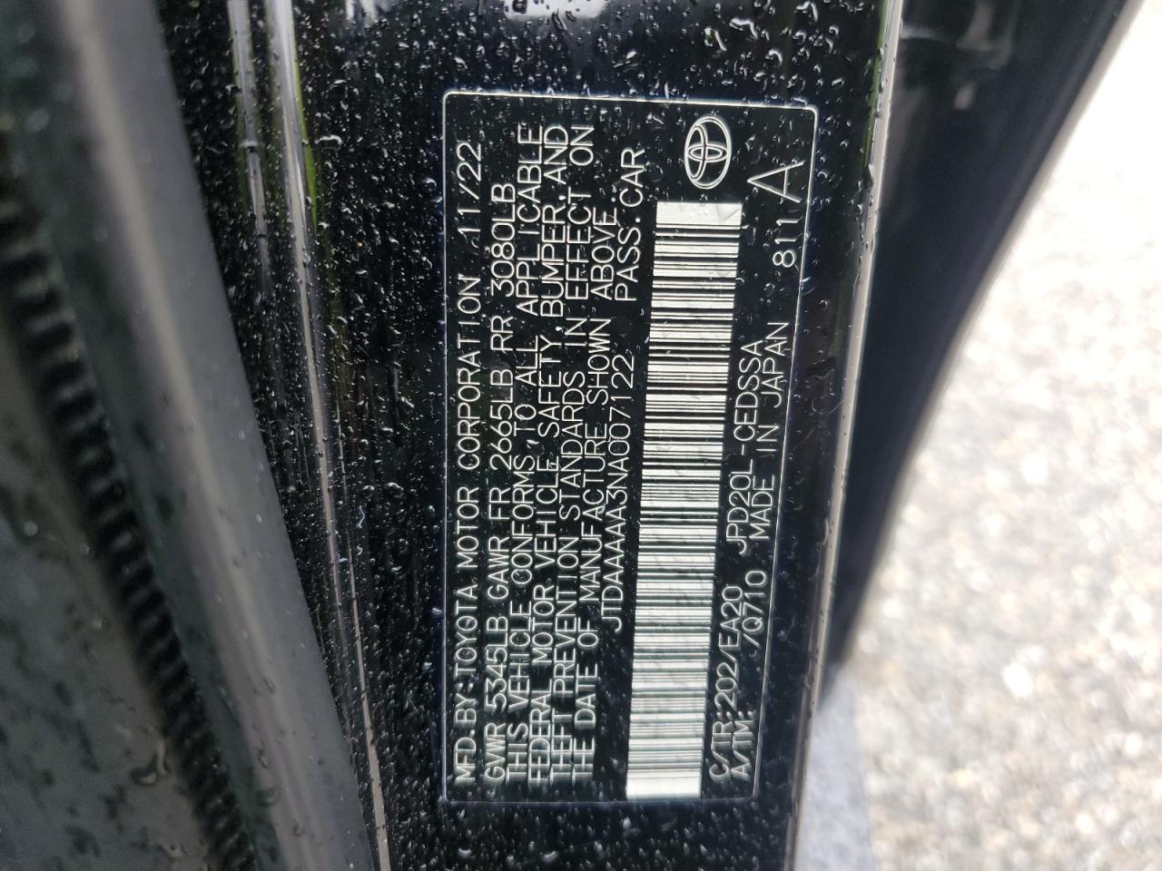 2022 TOYOTA MIRAI LE VIN:JTDAAAAA3NA007122