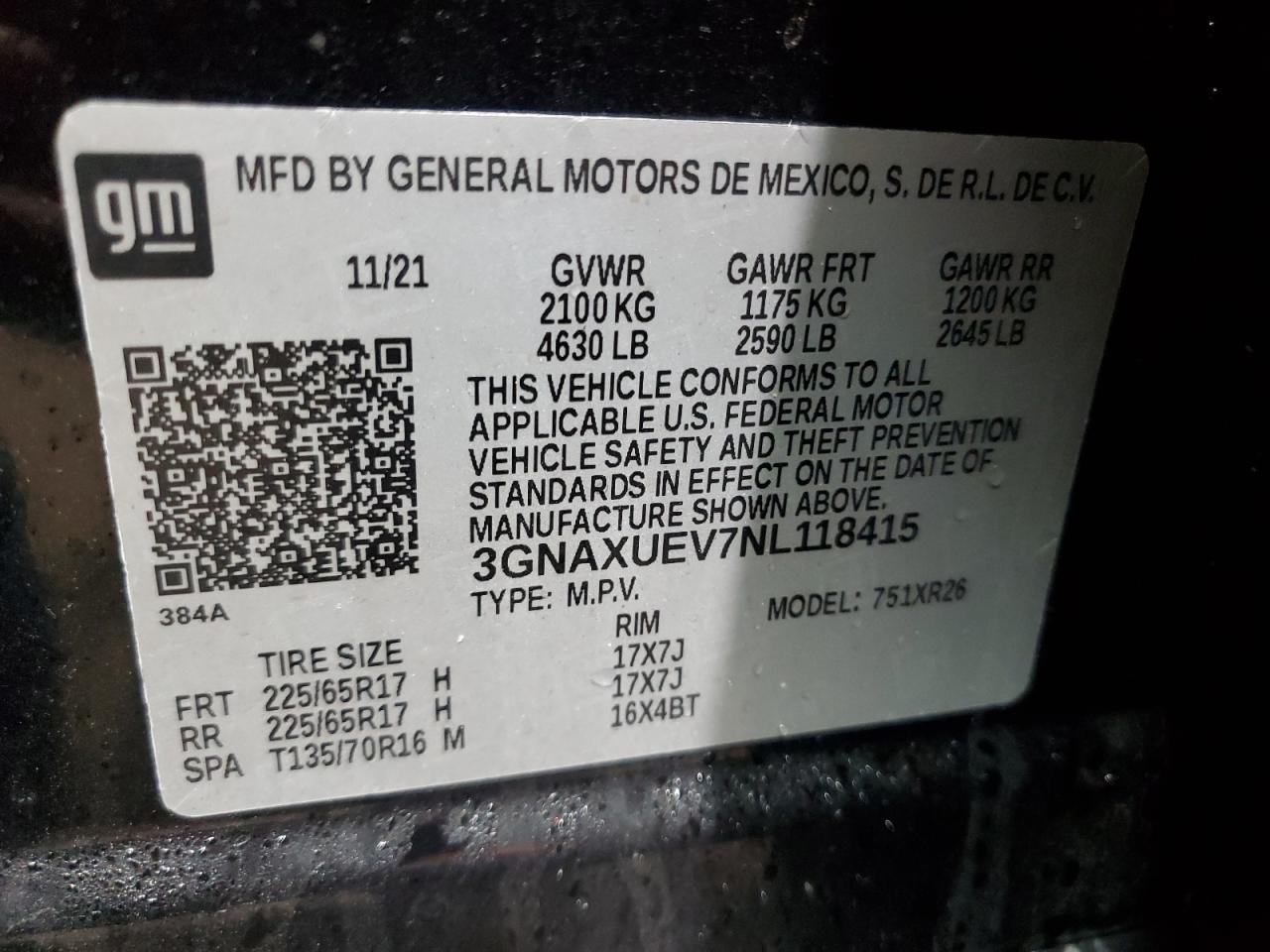 2022 CHEVROLET EQUINOX LT VIN:3GNAXUEV7NL118415