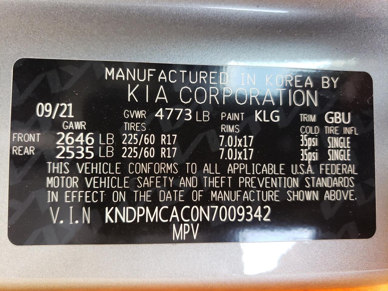 2022 KIA SPORTAGE LX VIN:KNDPMCAC0N7009342