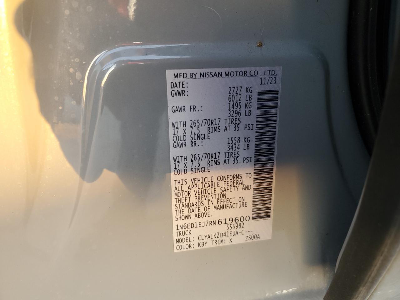2024 NISSAN FRONTIER S VIN:1N6ED1EJ7RN619600
