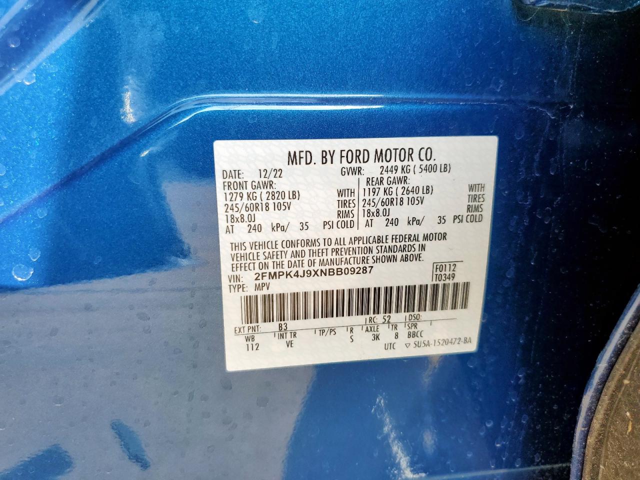 2022 FORD EDGE SEL VIN:2FMPK4J9XNBB09287