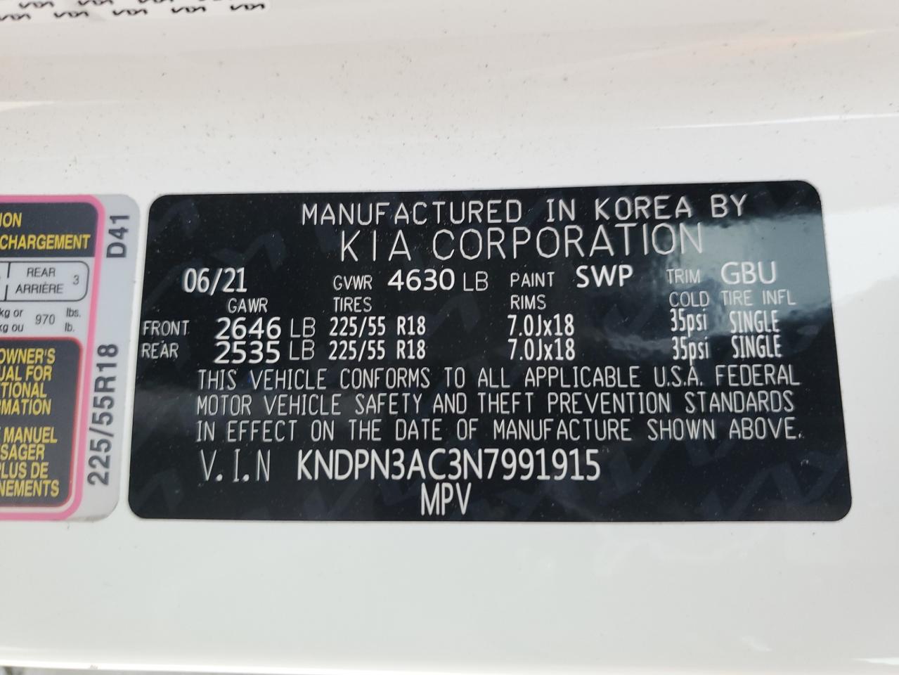 2022 KIA SPORTAGE EX VIN:KNDPN3AC3N7991915