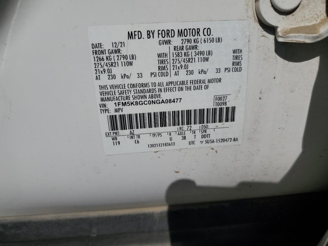 2022 FORD EXPLORER ST VIN:1FM5K8GC0NGA08477