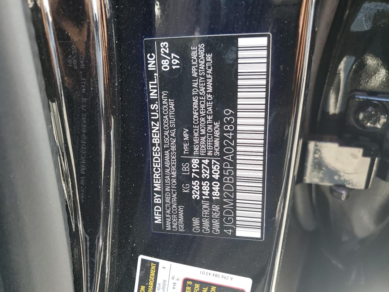 2023 MERCEDES-BENZ EQS SUV 450+ VIN:4JGDM2DB5PA024839